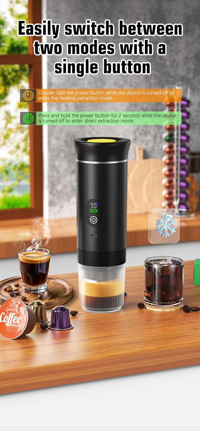 Portable Electric Coffee Maker, Digital Display, Compatible with Coffee Pods,Rechargeable Coffee Machine for Travel, Camping, RV,Home,Office (grey)