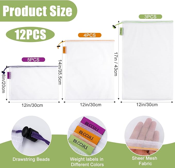 Blcculi 12 Pcs Reusable Produce Bags,Washable Mesh Produce Bags,Mesh Grocery Bag with Drawstring & Colorful Tare Weight Tags,See-Through Vegetable Bag for Grocery Storage,Fruits,Large Medium Small