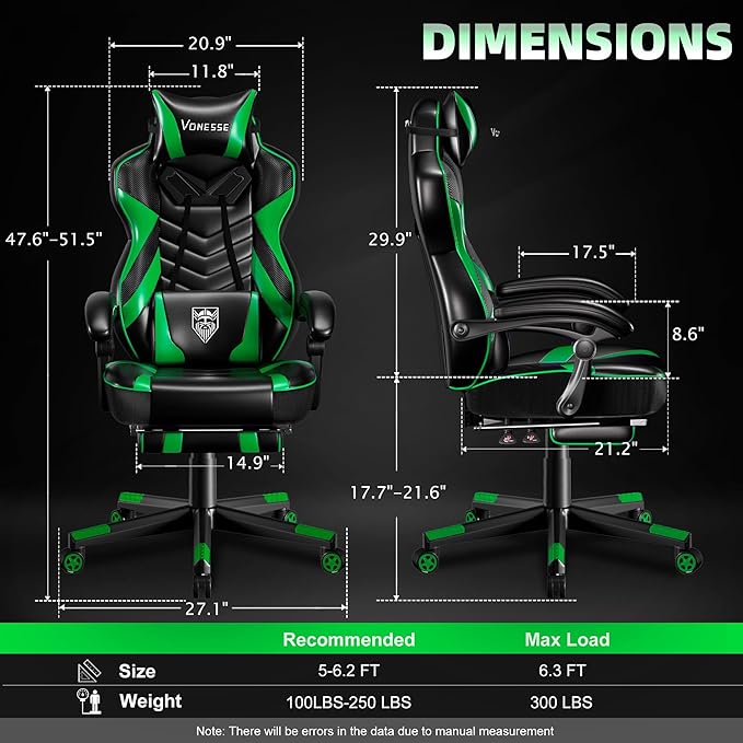 Vonesse Gaming Chair, Big and Tall Gaming Chair with Footrest and Massage, Gaming Chairs for Adults with Lumbar Support, Ergonomic High Back Computer Chair with Pocket Spring Cushion (Green/Black)