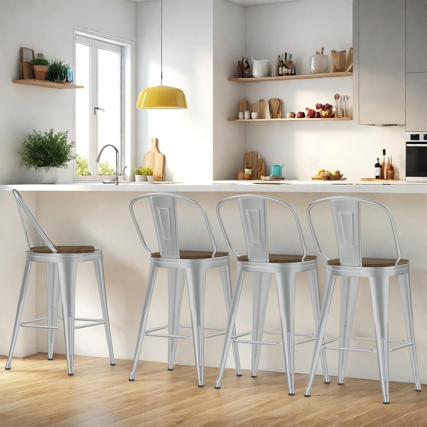 24” Swivel Bar Stools Set of 4, Counter Height Bar Stools Wooden Seat, Metal Industrial Bar Chairs with High Back for Kitchen Island (Silver)