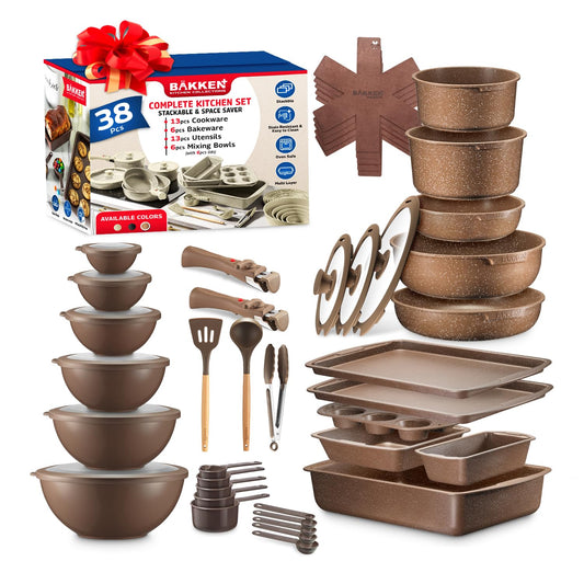 Bakken Master 38 Piece Granite Cookware and Bakeware Set – Nonstick Granite Coating, Pots and Pans with Detachable Handles and Tempered Glass Lids, 6-piece Bakeware set, 12-piece Mixing Bowls,Brown