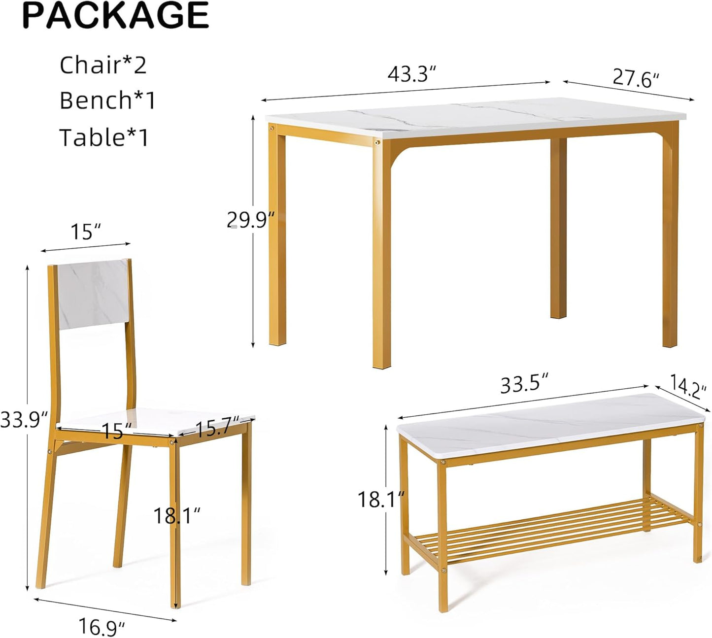 SogesHome 4-Piece Kitchen Table and 2 Chairs for 4 with Bench, Dining Table Set for Small Space, Apartment, Living-Room, Restaurant, Golden