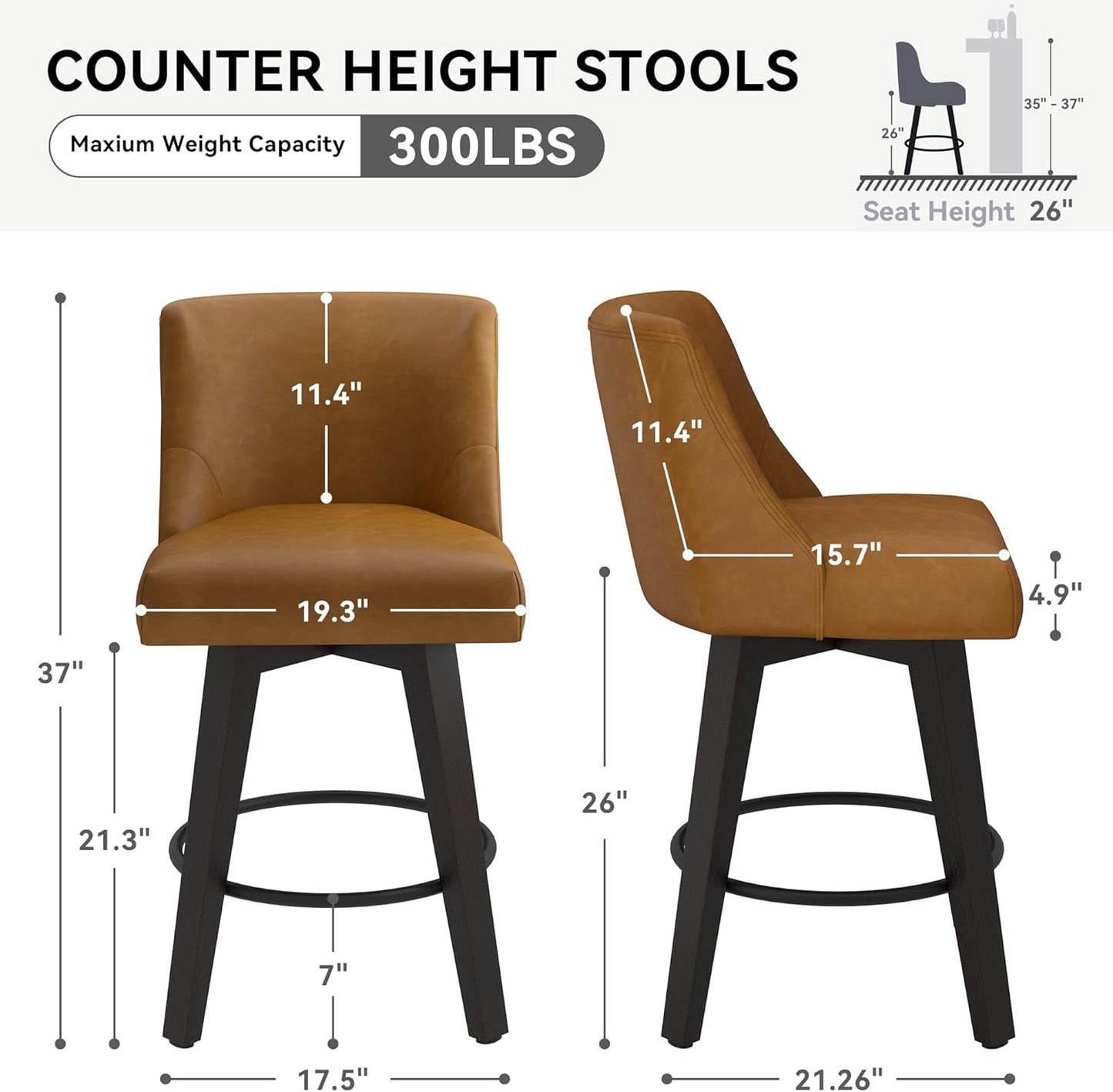 Counter Height Swivel Bar Stools Set of 2, 26 Inch Bar Stools with Footrest, Faux Leather Upholstered Barstools with Back and Solid Wood Legs for Kitchen Island, Dining Room,Pub,Brown