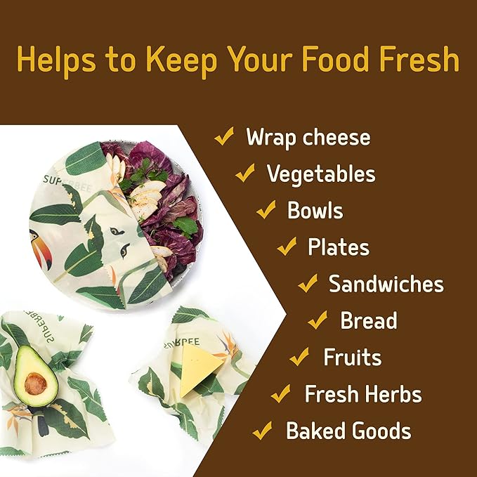 SUPERBEE Beeswax Wrap for Food, Set of 3 Bees Wax Wraps, Reusable for Wrapping Vegetables, Cheese Paper, Bowl Covers and Sandwich Wrapping Paper, Beeswax Food Wrap (Jungle)