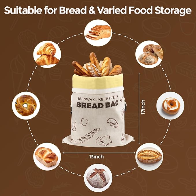 YARRAMATE Beeswax Bread Bags for Homemade Sourdough, Reusable Linen Food Storage Bags to Keep Loaf Fresh, Large Freezer Safe and Eco Friendly Bread Containers (17x13", 2 Pack)