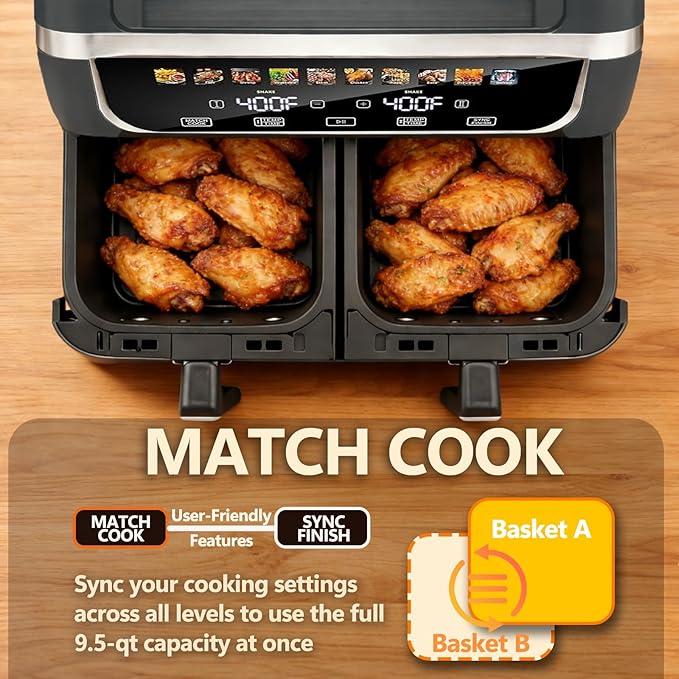 Simple Deluxe 9.5-Qt Dual Basket Air Fryer, 10-in-1 Digital Preset Airfryer, Sync Cook, Independent Temp Control, Shake Reminder, Nonstick Basket, Grey