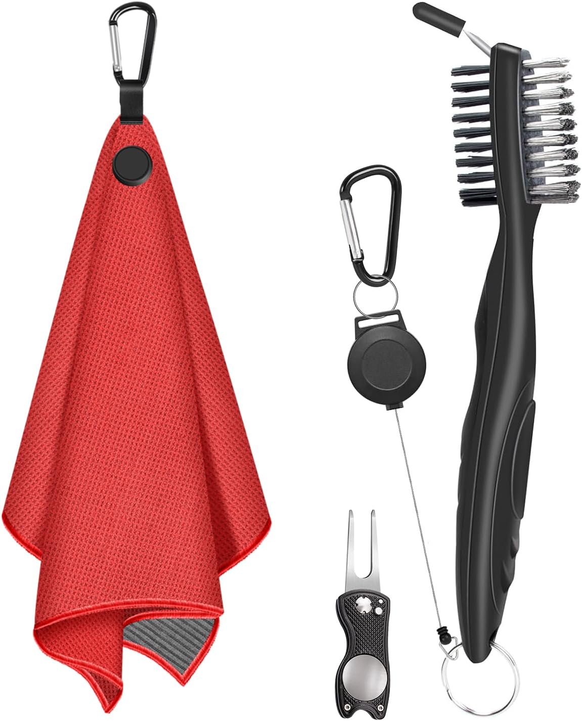 Magnetic Golf Towel, 3 PCS Microfiber Golf Towels with Brush and Divot Tool for Men, Industrial Strength Magnet Accessories for Strong Hold to Golf Bags, Carts or Clubs (3 Pack Red)