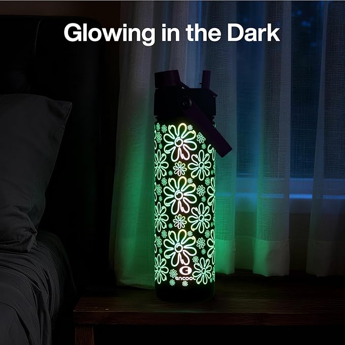 ENCOOL Insulated Water Bottle with Straw Stainless Steel Water Bottle, Glow in the Dark, Leak-Proof, BPA-Free, Keeps Cold for 24 Hours for Sports, Travel, School (26 oz, Flower)