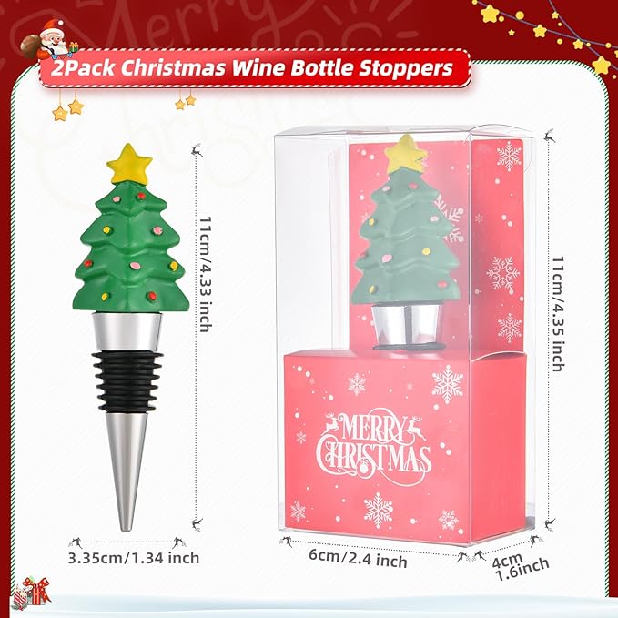 2 Pack Christmas Tree Wine Bottle Stoppers Reusable Bottle Stoppers Cute Wine and Beverage Corker Bottle Sealers for Xmas Holiday Party Decoration, Resin Decorative Wine Stoppers Wine Gift for Hostess