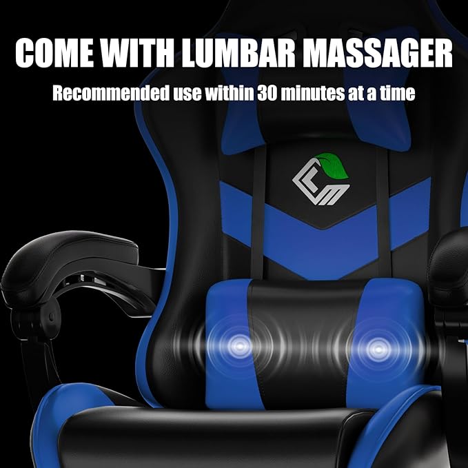 Gaming Chair with Footrest Racing Style Lumbar Support Massager Video Game Chair with Metal Legs, High Back Gamer Chair with Headrest, 360° Swivel Office Computer Desk Chair, Bright Blue