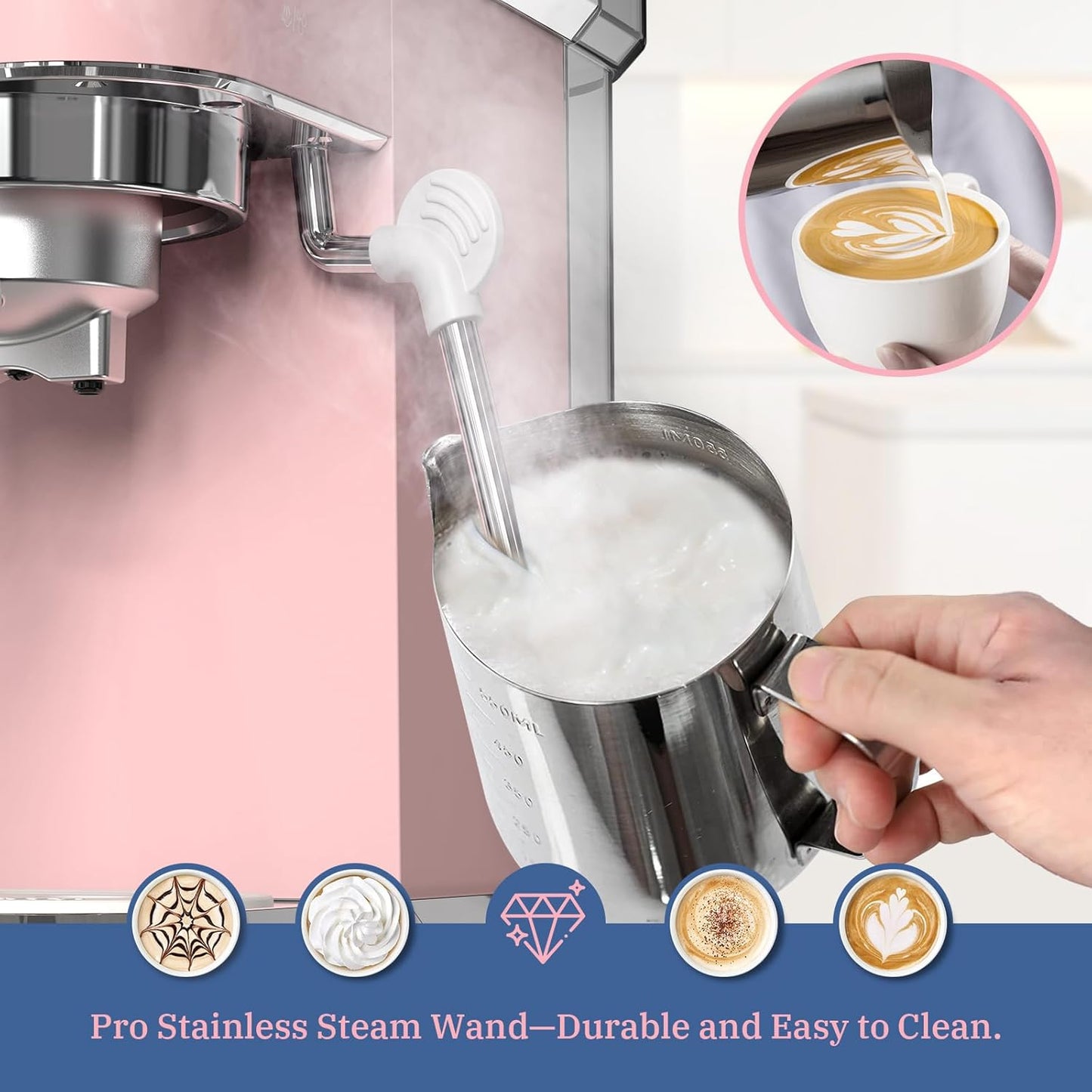 Laekerrt Professional Espresso Machine 20 Bar, Espresso Maker with Milk Frother Steam Wand, Stainless Steel Home Coffee Machines for Cappuccino and Latte, Gift for Women Wife Daughter or Mom, Pink