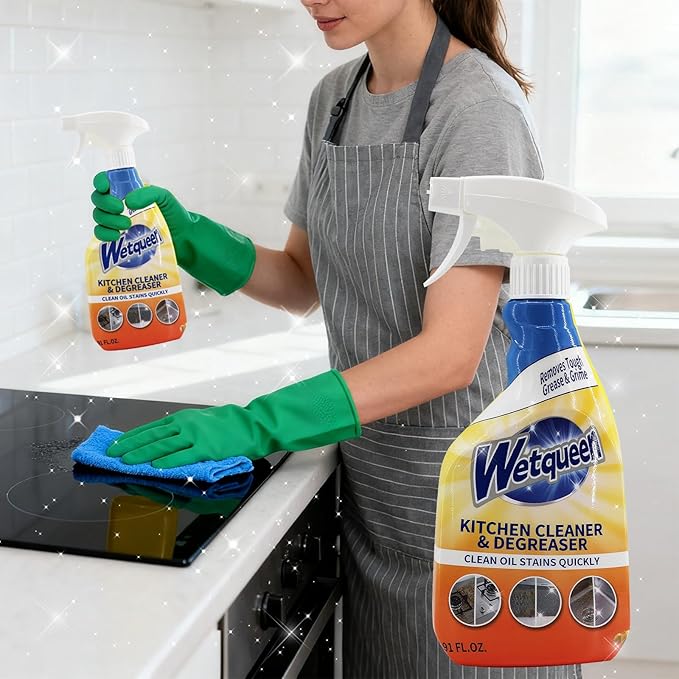 WETQUEEN All Purpose Cleaner Spray, Heavy Duty Kitchen Degreaser Foam Spray, Stubborn Stain Remover for Kitchen, Bathroom, Cooker, Countertops, Tiles, Dual-Spray Nozzle, Lemon Scent, 16.91 Fl Oz