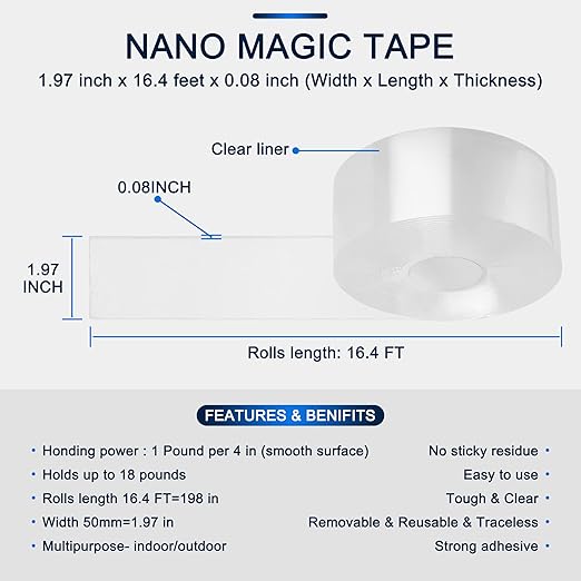 Double-Sided Tape Heavy Duty 16.5 FT x 1.18 in – Clear Removable Mounting Tape for Walls, Carpet, Rugs, Posters – Reusable, No-Residue, Indoor/Outdoor Nano Gel Grip (Pack of 2)