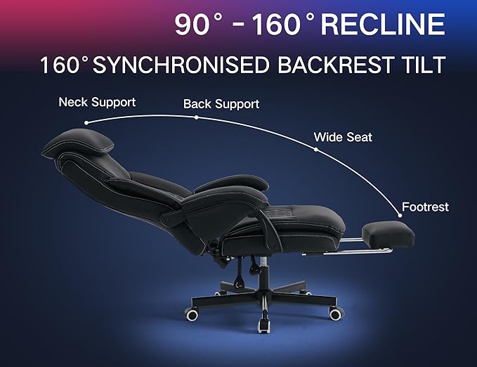 Big and Tall Gaming Chair 400lbs Heavy Duty Office Chair with Foot Rest & Lumbar Support, Ergonomic Wide Comfy Seated Cushion for for Gaming Room,Office Room, Black