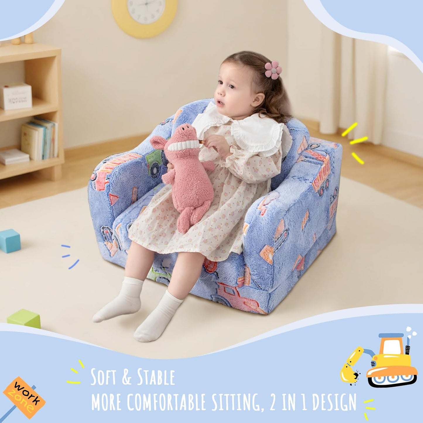 Thick Comfy Toddler Chair and Couch for Kids,2-in-1 Soft Plush Fold Out Sofa for Children,Convertible Couch to Lounger for Toddler