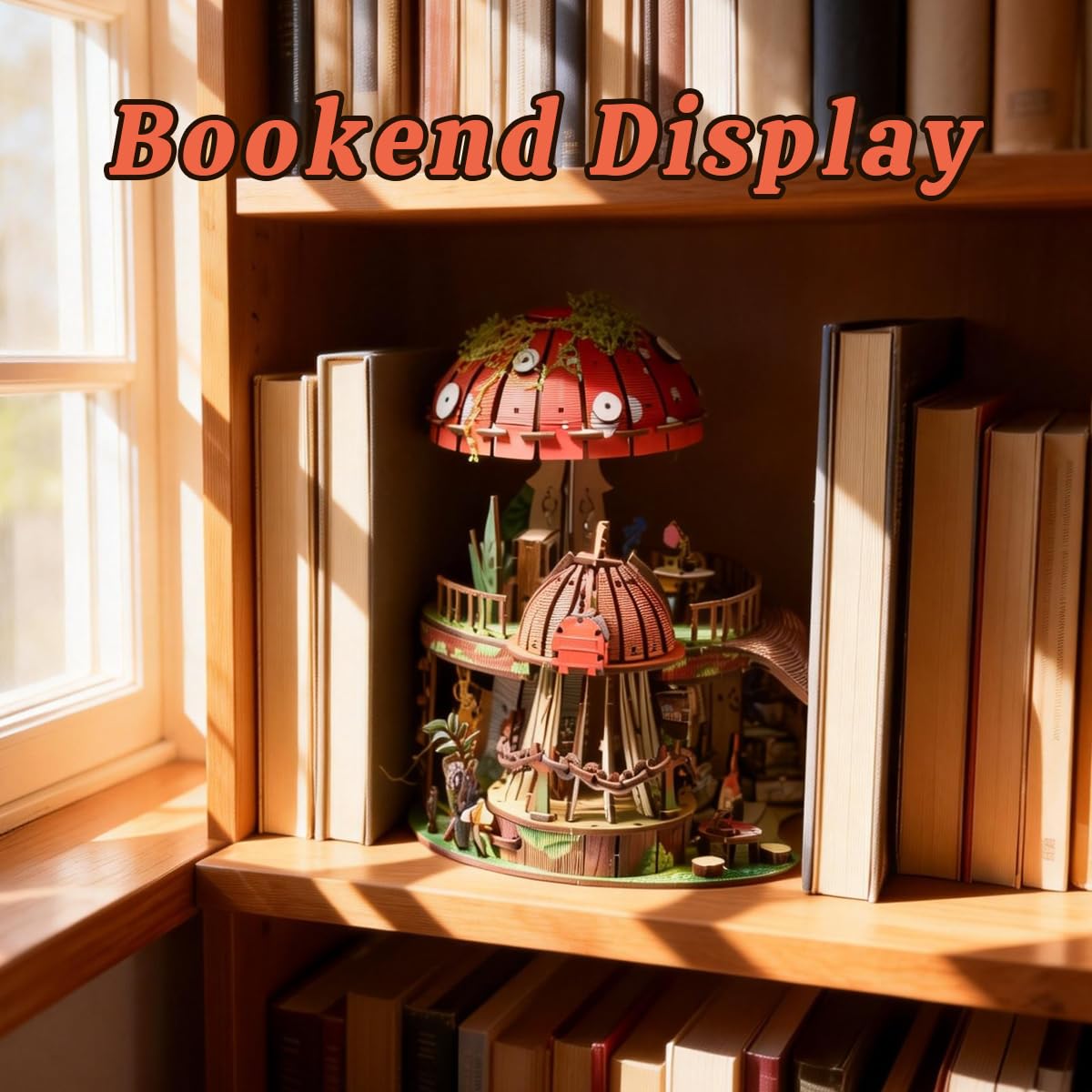 Garden Mushroom Dollhouse Book Nook Kit, DIY Miniature Wooden 3D Puzzle Dollhouse, Fantasy Bookshelf Decor Craft Building Set, Home Shelf Decoration for Adults & Teens, with String Lights Edition