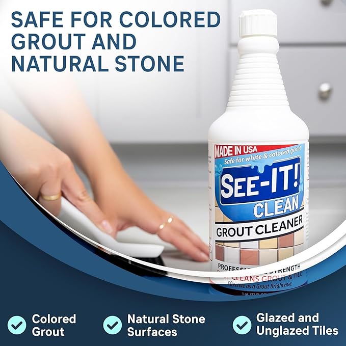 Grout & Tile Deep Cleaner Brightener & Heavy-Duty Stain Remover Acid-Free Safe for Ceramic, Porcelain, Marble, Stone - Two 32 fl. oz. Bottles with Floor Cleaning Brush