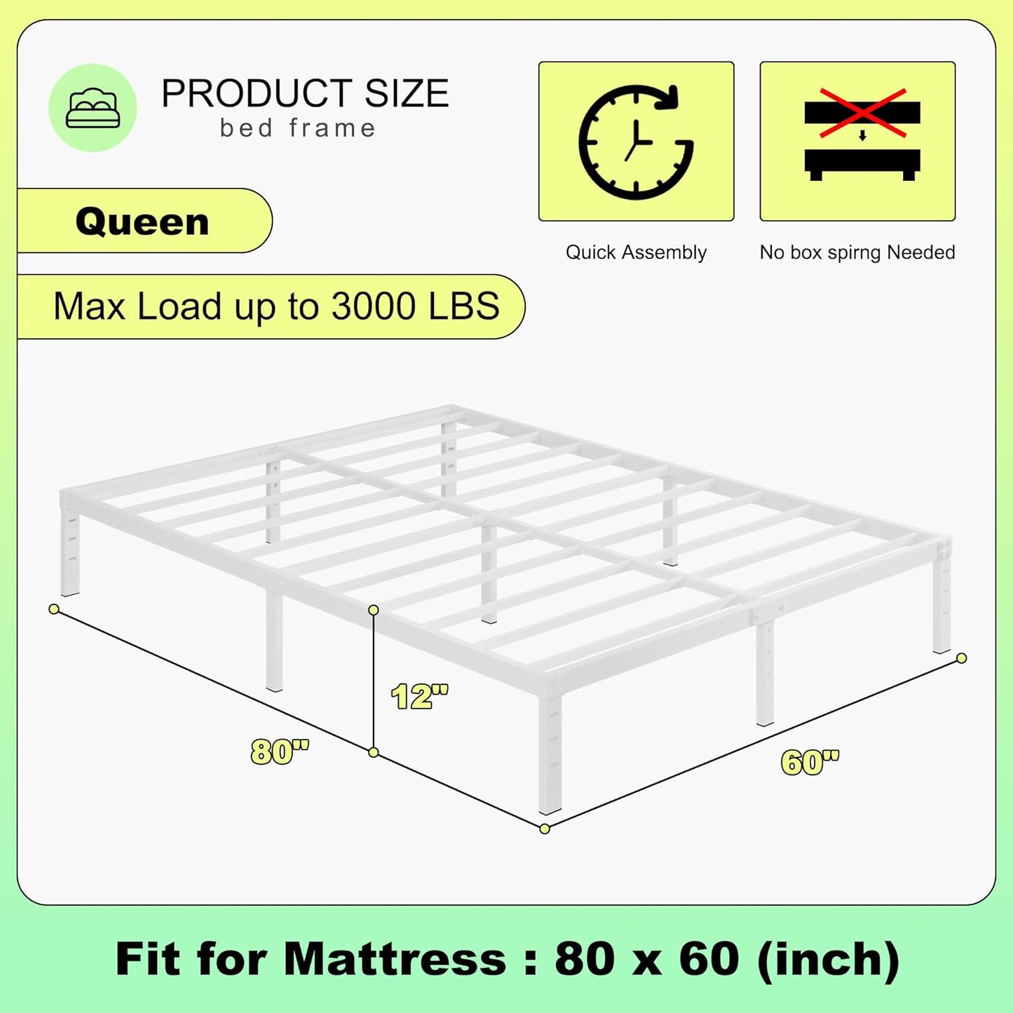 12 Inch Bed Frame Queen Size, Heavy Duty Steel Queen Bed Frame No Box Spring Needed, Mattress Foundation, Easy Assembly, Noise-Free,White