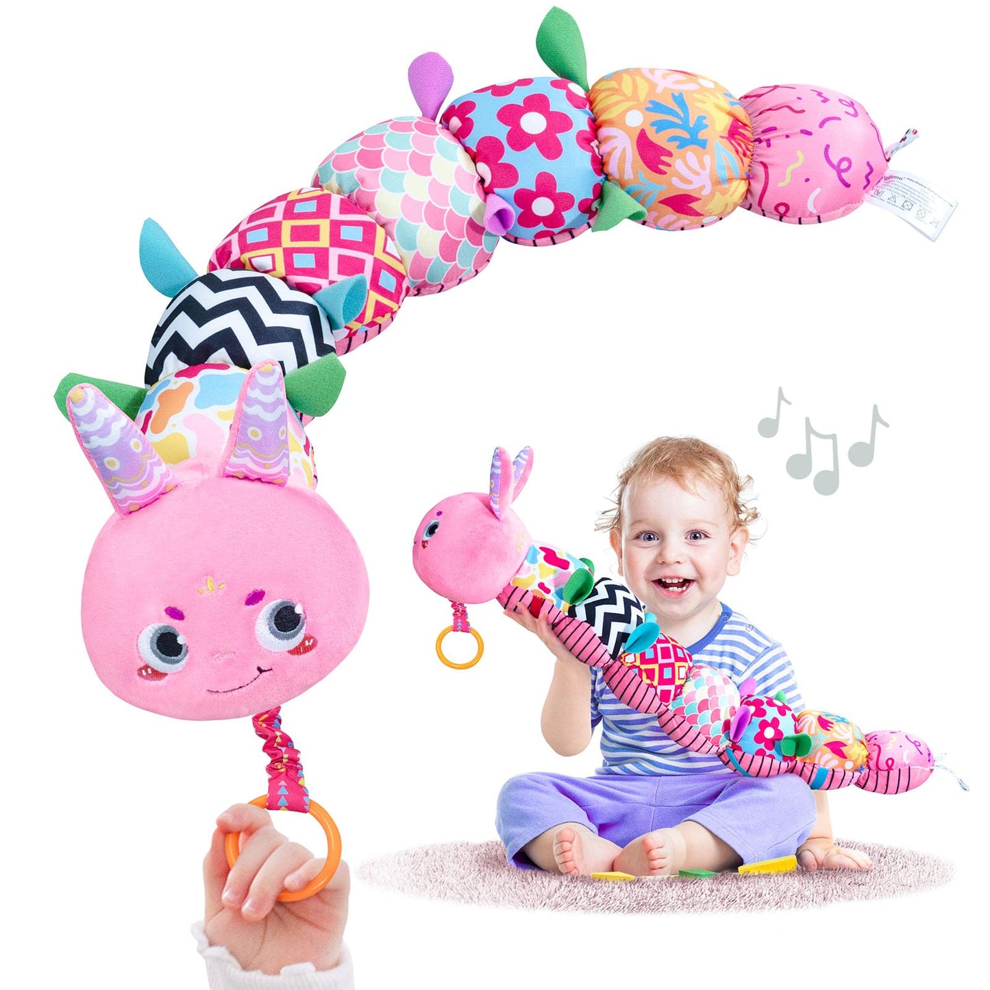 Infinno Baby Musical Stuffed Sensory Toys for Girls and Boys, Infant Soft Security Toys for Newborns 0-3-6-12 Months with Crinkle and Rattles, Caterpillar, Pink