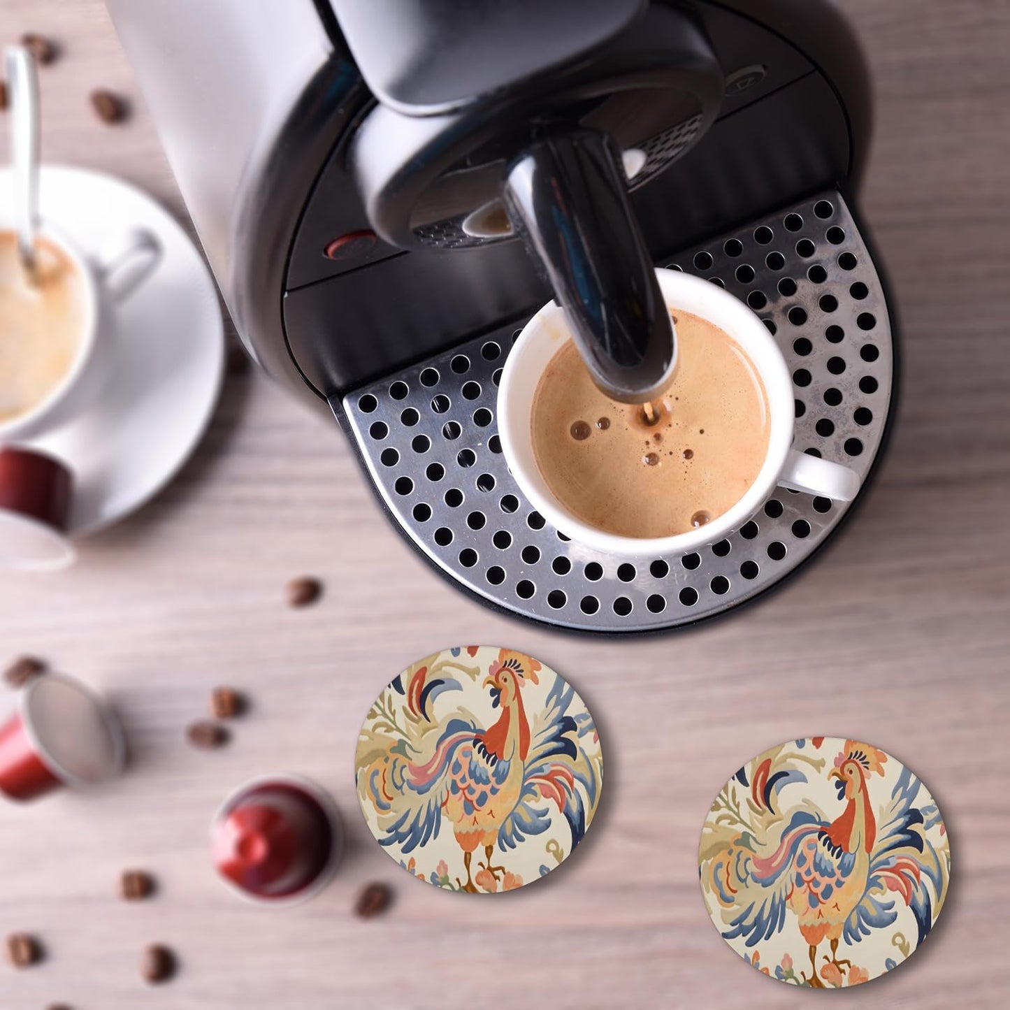 Ceramic Coasters for Drinks with Cork Back, Colorful Rooster Art 4 Inch Absorbent Coaster Set 2 Pack, Quick Dry Non-Slip Coaster Mats for Home, Office, Bar