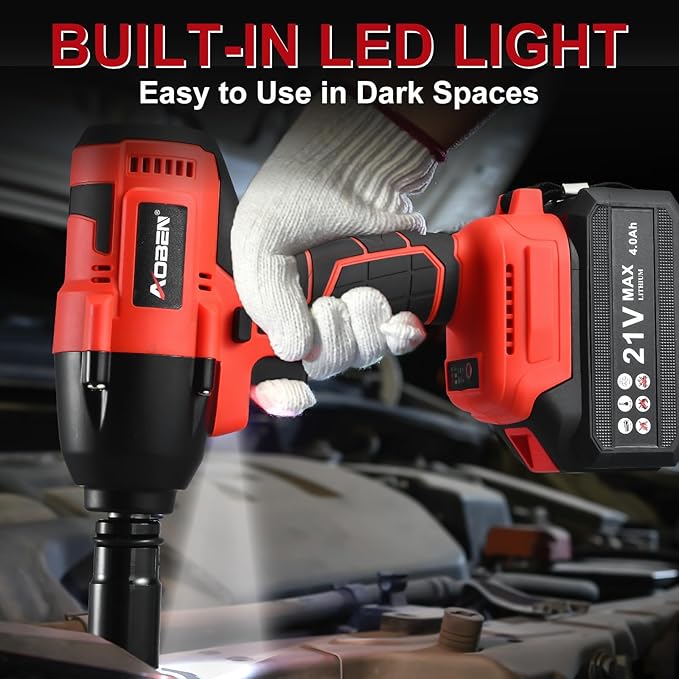 AOBEN Cordless Impact Wrench 1/2 Inch, Power Impact Gun Kit, Max 600N. M/450Ft-lbs High Torque Electric Impact Driver for Car RV Tire, 4.0Ah Battery, Charger, 6 Sockets & Storage Tool Case