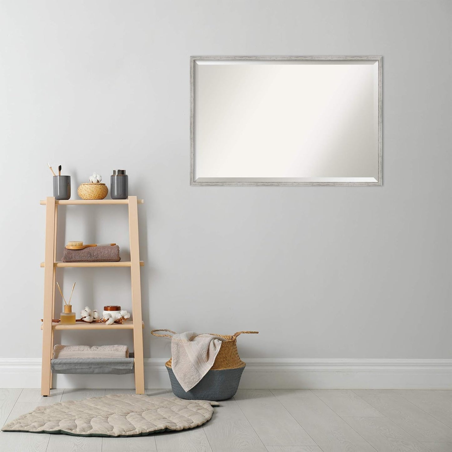 Amanti Art White Bathroom Mirror for Over Sink, 25x37 Shiplap White Narrow Rectangle Vanity Mirror, Large Coastal Wood Frame, Hangs Horizonally and Vertically, Bathroom Wall Decor, Beveled Edge