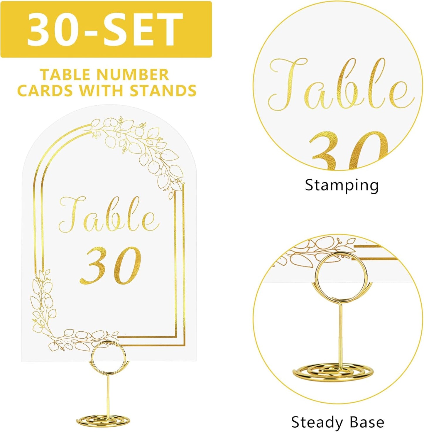 JOYIT 30 Sets Wedding Table Number 1-30 with 30 Pcs Round Table Number Holders, White Gold Table Number Cards with Place Card Holders, 4" x 6" Table Numbers for Wedding Reception and Birthday