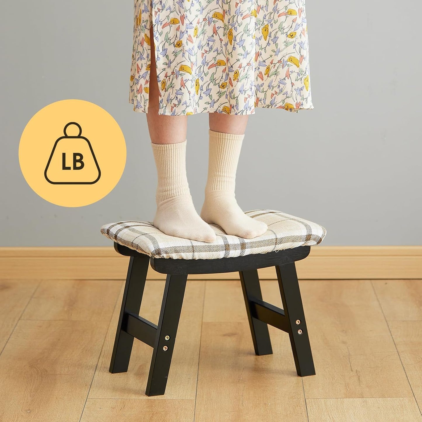 Foot Stool Ottoman Foot Rest Under Desk,Small Stool for Living Room, Bedroom and Kitchen (Black Legs - Stripes Stool Surface)