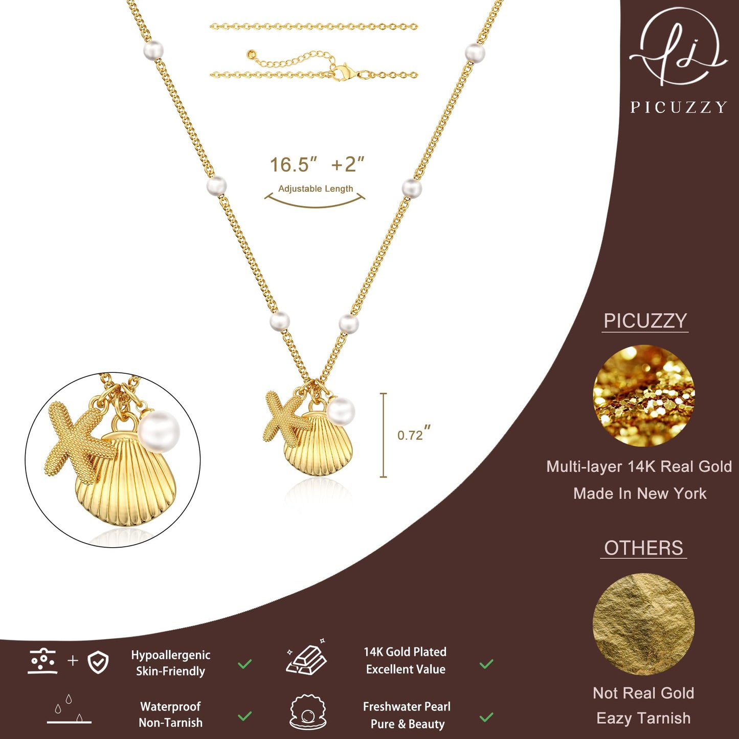 Picuzzy 14K Gold Plated Starfish Seashell Pendant Necklace for Women Trendy, Sea Star Fish Shell Beach Necklace Ocean Coastal Tropical Nautical Vacation Summer Jewelry Pearl Accessories for Women