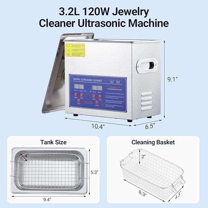 3.2L Commercial Ultrasonic Cleaner | Professional 40kHz with Digital Timer & Heater | for Jewelry, Watches, Eyeglasses & Small Parts Cleaning