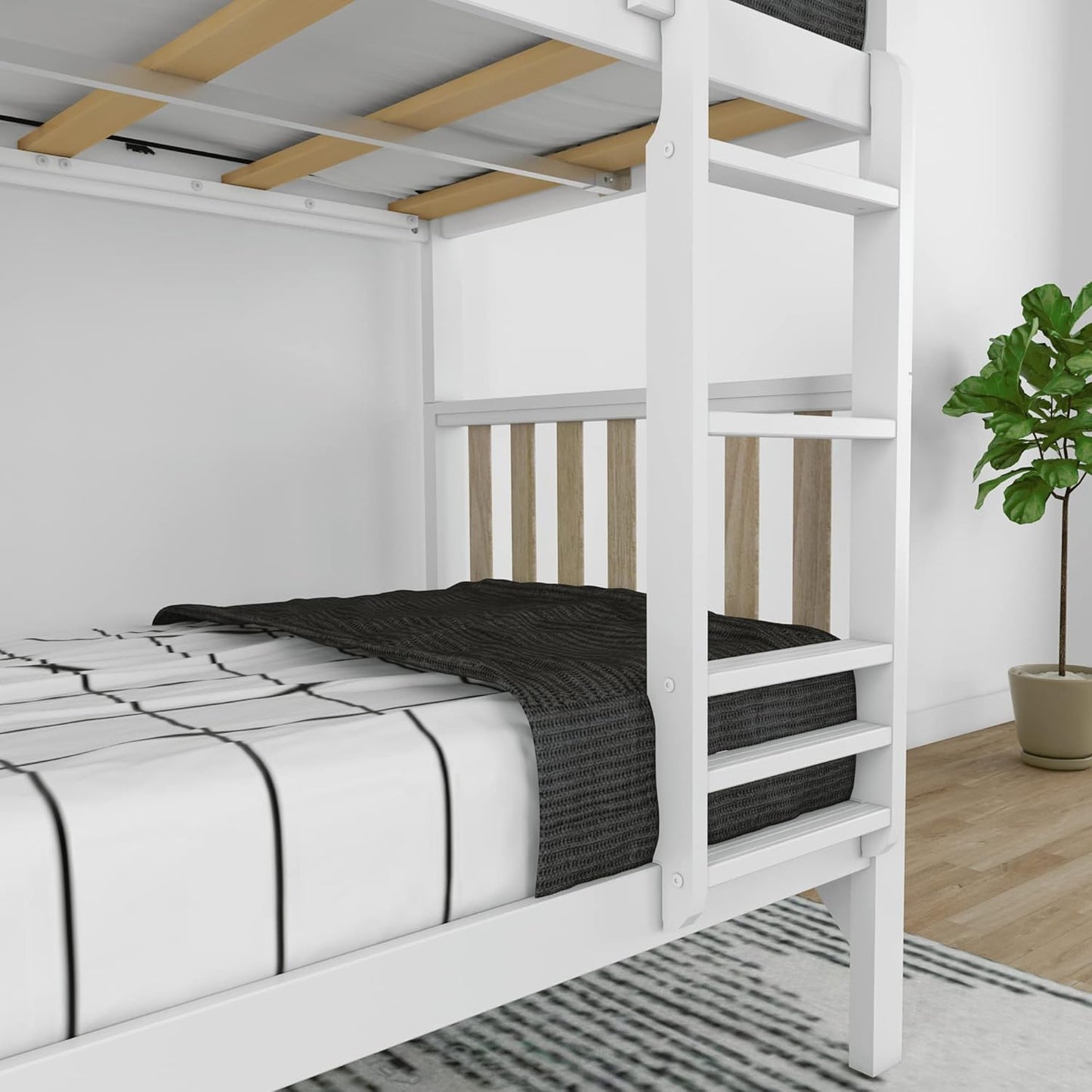Max & Lily Bunk Bed, Scandinavian Modern Bunk Bed, Solid Wood Twin-Over-Twin Bed Frame for Kids, No Box Spring Needed, Blonde/White