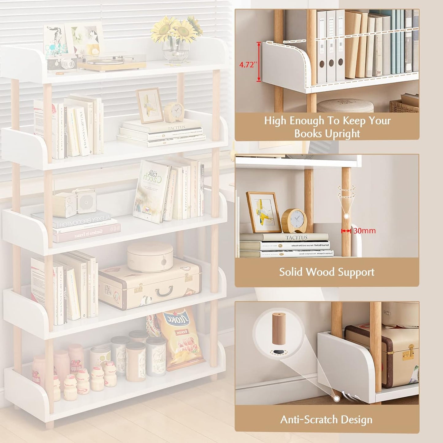 4-Tier Wooden Open Bookcase - Modern Display Bookshelf with Side Panels and Solid Wood Frame for Home and Office, Storage Cabinet, Warm White
