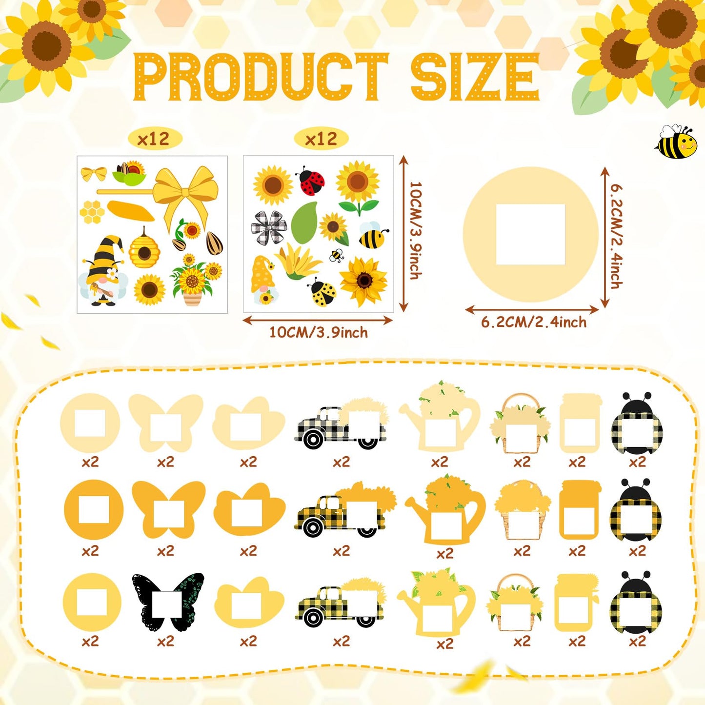 Cholemy 48pcs Sunflower Bee DIY Photo Frame Craft Kit for Kids, Hanging Ornament with Stickers, Summer Bee Ladybug Butterfly Truck Shapes for Party Favors, Classroom & Home Decor(Summer Style)