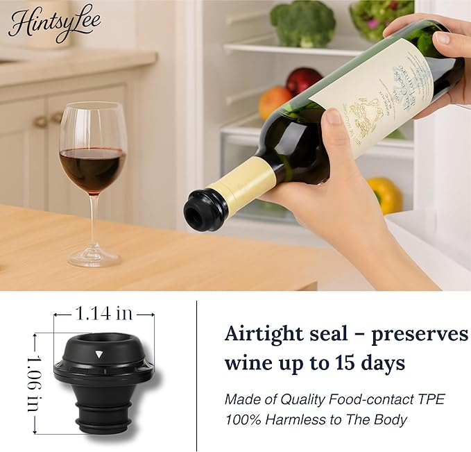 Wine Vacuum Pump & 4 Reusable Stoppers – Airtight Wine Preserver Set Keeps Wine Fresh Up to 15 Days – Manual Wine Saver Bottle Sealer Kit & Gift for Wine Lovers (Black)
