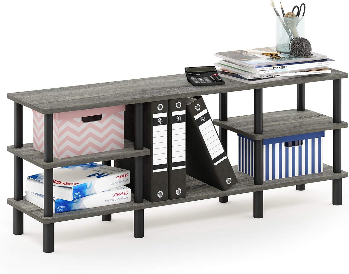 Furinno Turn-N-Tube 3-Tier Multipurpose Wide Shelf TV Stand, French Oak Grey/Black