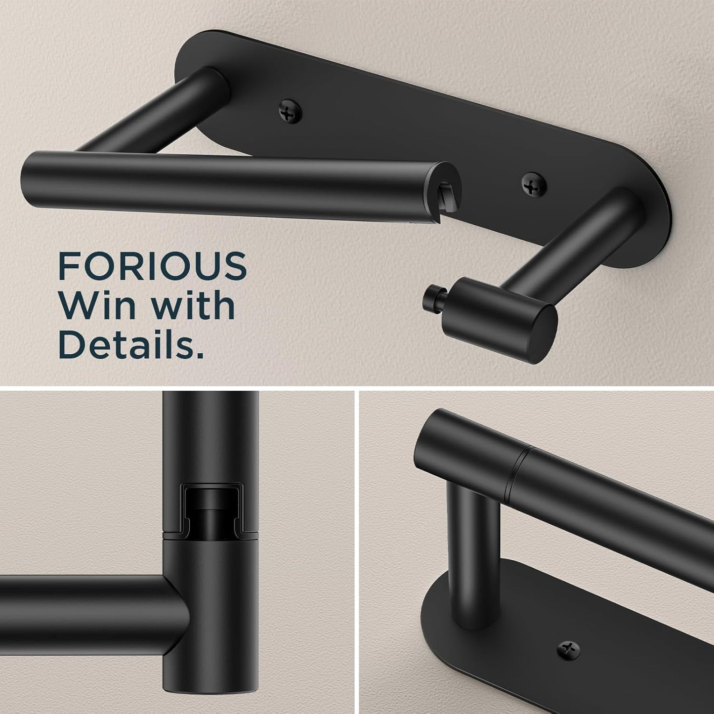 FORIOUS Toilet Paper Holder, Adhesive or Screw Wall Mount Pivoting Tissue Roll Holder for Bathroom, Stainless Steel Rustproof Self Adhesive Toilet Paper Roll Holder no Drilling, Matte Black