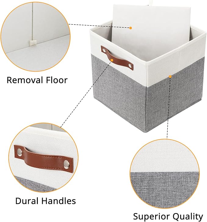 DULLEMELO Storage Cubes 12 inch, Collapsible Sturdy Cube Storage Bins With Handles for Organizing,Fabric Storage Baskets for Shelves Nursery Closet Home Organization and Storage (White&Grey-4 Pack)