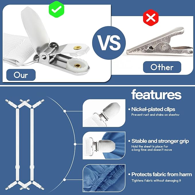 CHRORINE Bed Sheet Holder Straps Adjustable Sheet Fasteners Clips Keep Bedding Stays in Place, 2 Pcs/Set, White