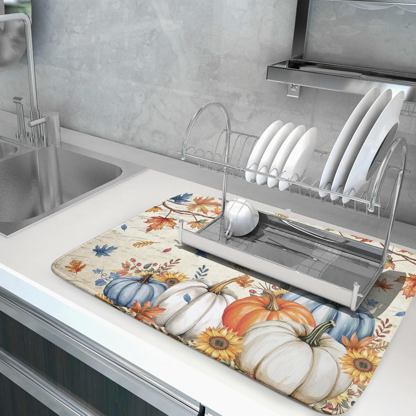 Fall Pumpkin Dish Drying Mat for Kitchen Counter 18x24 Inch Vintage Autumn Thanksgiving Absorbent Reversible Microfiber Dish Drainer Rack Mats Countertops Protector Mat