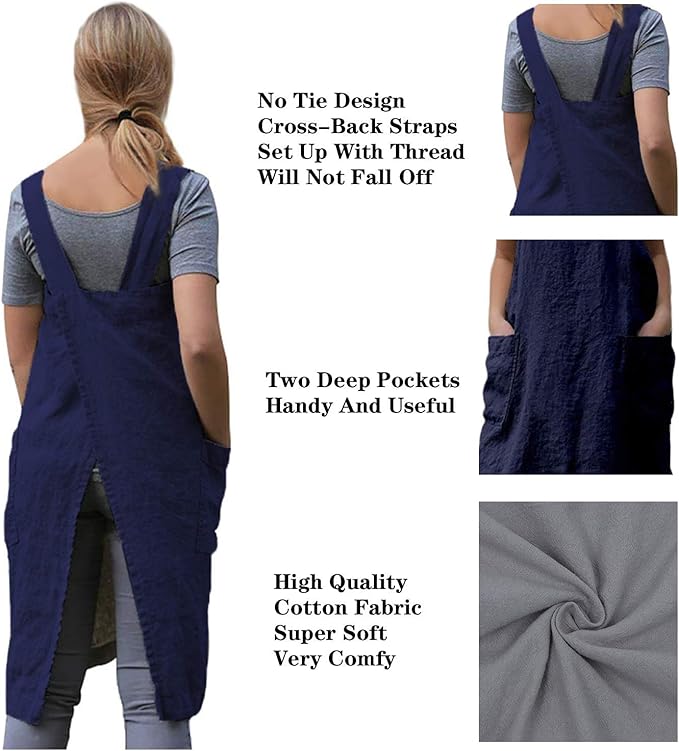 WROLEM Women's Practical Cross Back Pinafore Apron with Large Pockets Home Kitchen,Restaurant,Coffee House,Cooking,Gardening