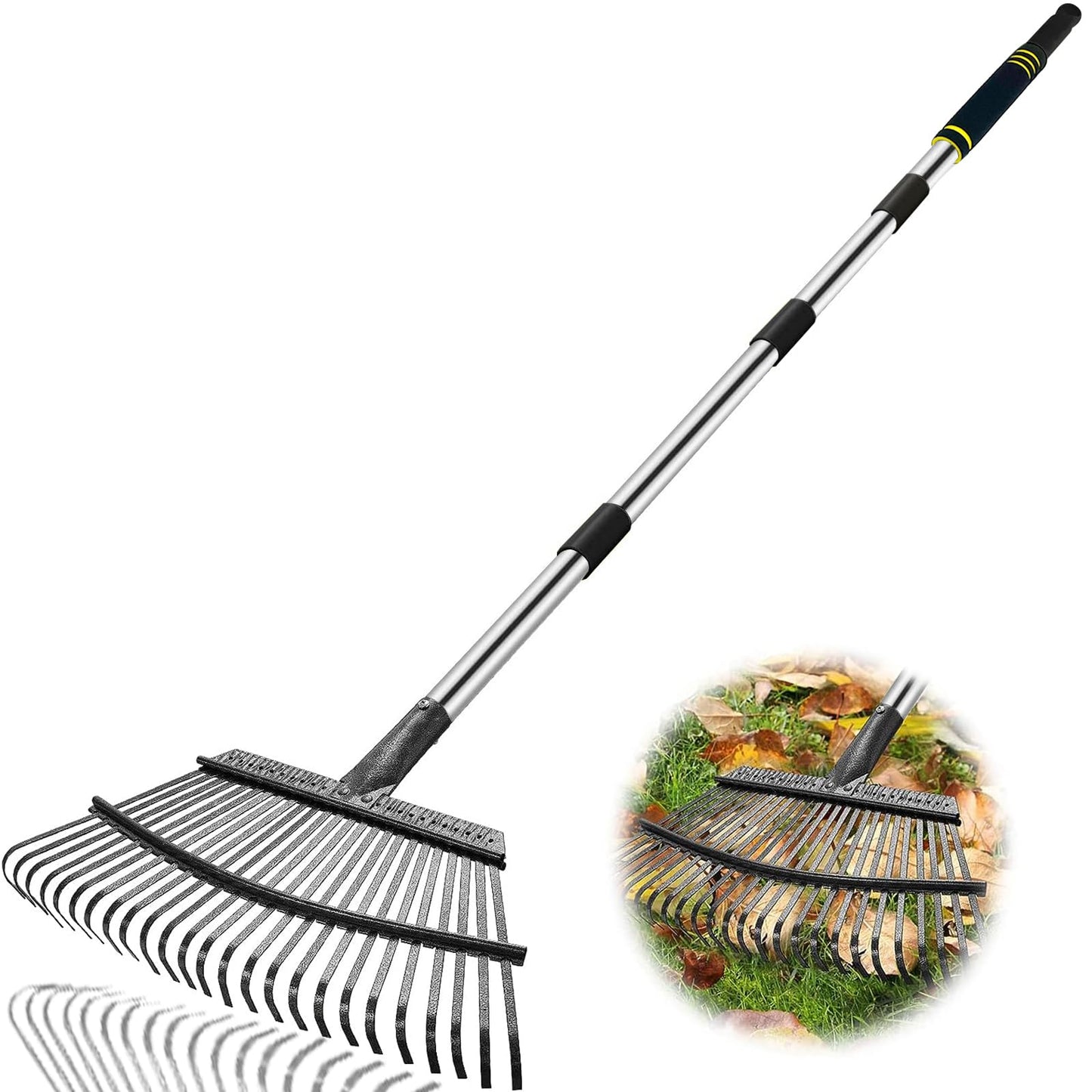 Coopvivi Rake Heavy Duty 6FT Long Garden Rake , 18.5 Inch Wide Leaf Rake for Lawns, 25 Metal Tines, Adjustable Stainless Steel Handle, Rakes for Leaves, Yards, Grass, Garbage, Weeds, Debris (Black)