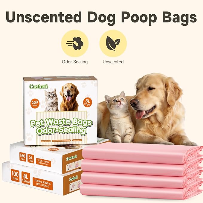 Odor-Sealing Dog Poop Bags with Handles 100 Count Pet Waste Bags, Large Capacity & Unscented Poop Bags for Dogs or Cat Litter, Conceals Smell & Mess (White)