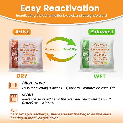Adsorbco Rechargeable 500 Gram 2 Packs Desiccant, Indicating Silica Gel Packets, Moisture Absorbers for Storage, Gun Safe Dehumidifiers (2, 500g)