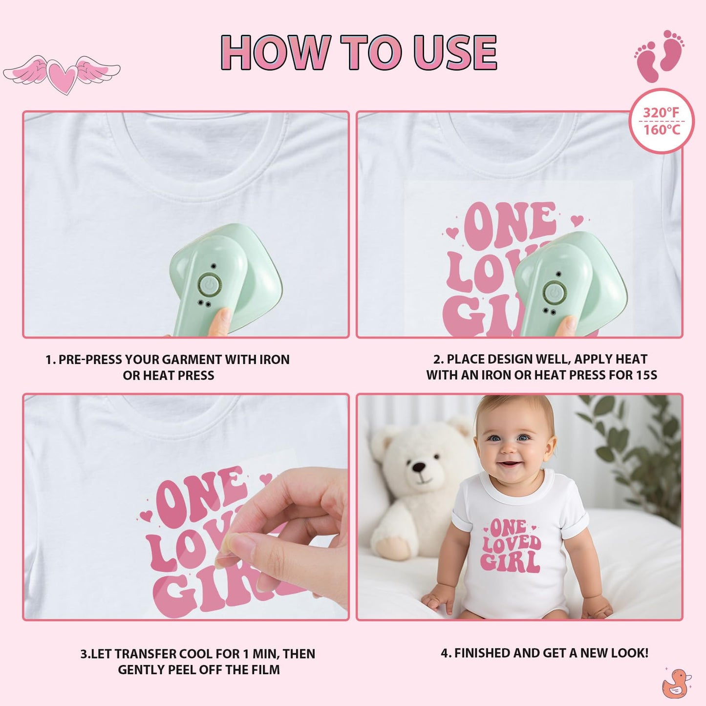 Falueqg Baby Shower Iron on Transfers - 30Pcs Pink DTF Transfers Ready to Press, Cute Iron on Decals Patches for Baby Girls Bodysuit, Heat Appliques Vinyl Stickers for Baby Onesie Bibs Decorating Kit