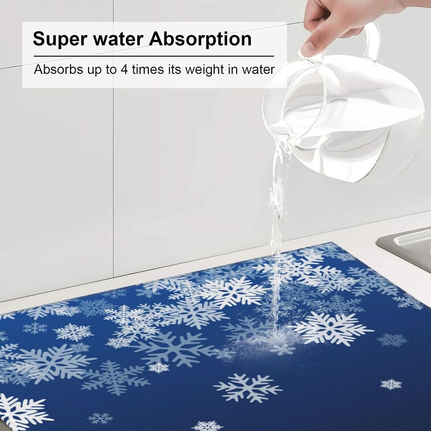 Dish Drying Mat Snowflake Blue Winter Christmas for Kitchen Counter Absorbent 16x18 Inch Microfiber Dishes Plate Glass Dry Draining Pad Reversible Washable