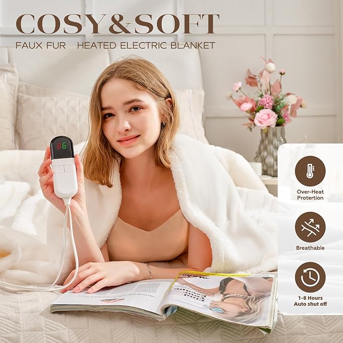 Premium Heated Blanket Queen 84"×90",Ultra Cosy Soft Electric Blanket with 8 Heating Levels,Dual Control Plush Fast Heating Faux Rabbit Fur for Bed & Couch - Auto Shut Off,Machine Washable(Beige)
