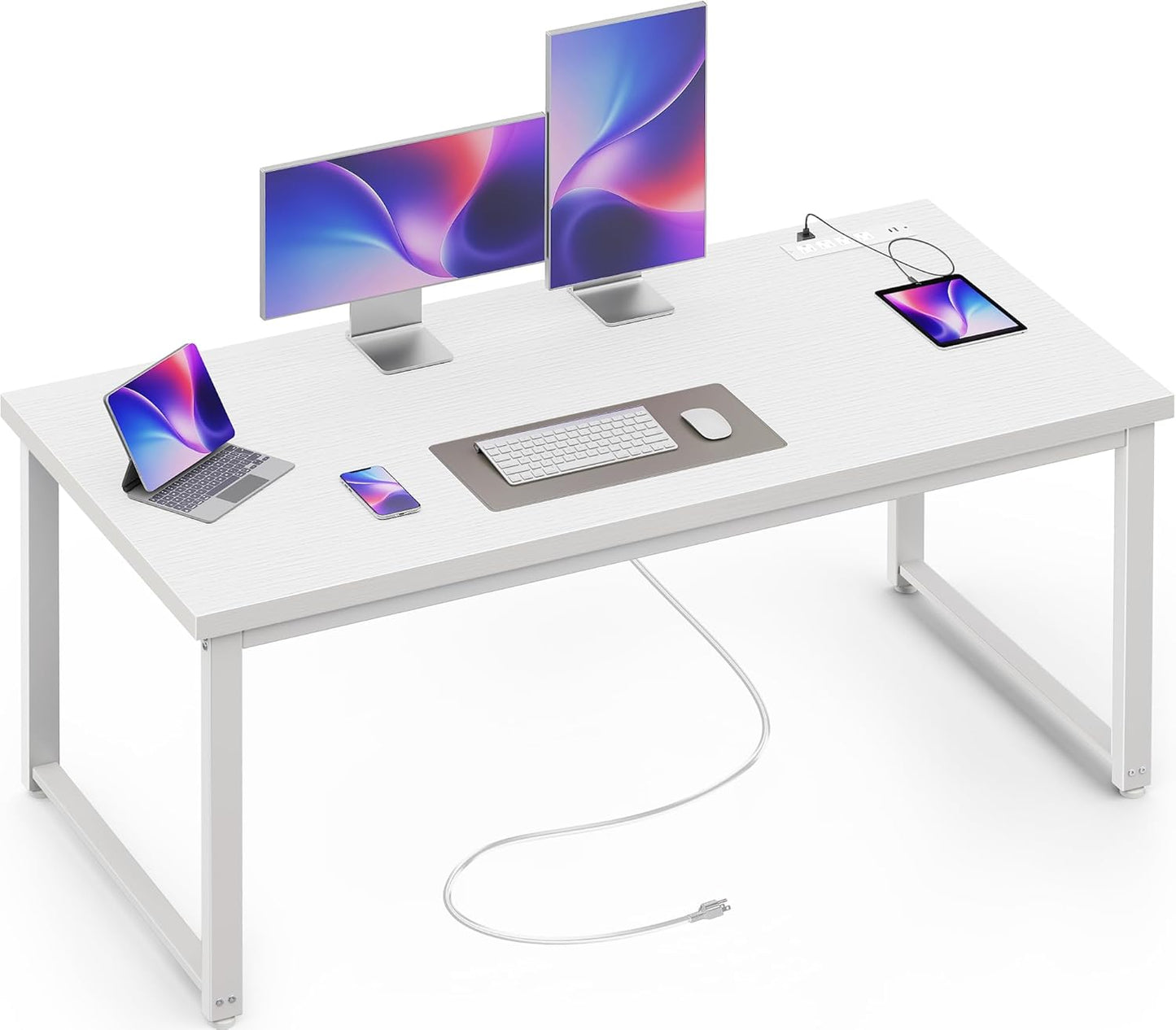Huuger 55 x 24 inch Desk with Power Outlets & USB-C, Deeper & Thicker Desktop, Robust Metal Tubes, Computer Desk, Heavy Duty Office Desk, Work Gaming Desk for Home Office, White