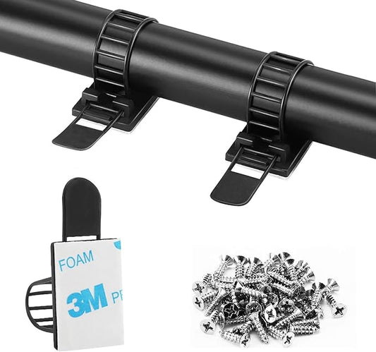 Adhesive Cable Management Clips, 50Pcs Adjustable Nylon Cable Strap Ties Wire Clips Clamps Organizer with Strong Adhesive Tape, Extra Screw & Hole for Strong Fixation Home Office - 3.55 Inch Black