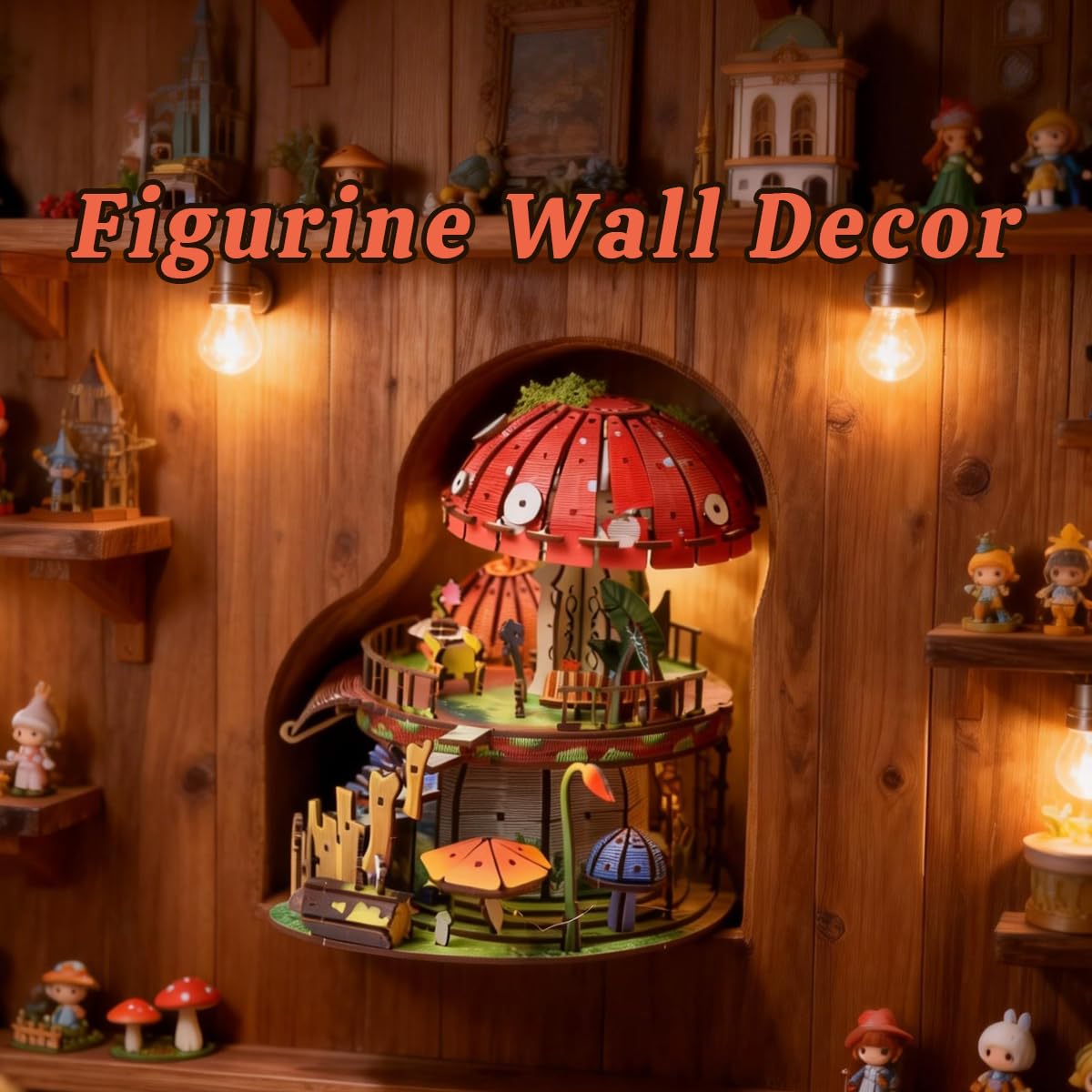 Garden Mushroom Dollhouse Book Nook Kit, DIY Miniature Wooden 3D Puzzle Dollhouse, Fantasy Bookshelf Decor Craft Building Set, Home Shelf Decoration for Adults & Teens, with String Lights Edition