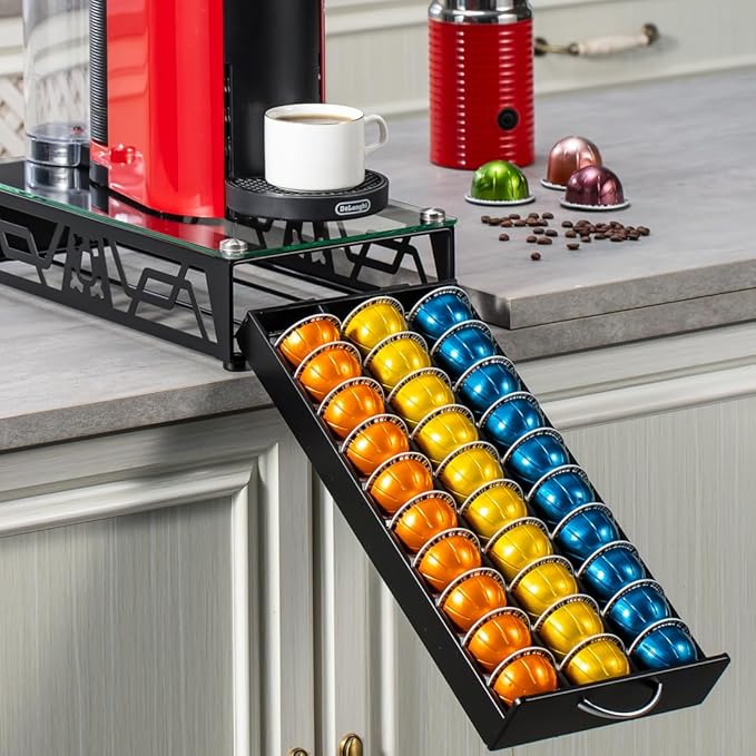 FlagShip Vertuo Pod Drawer Glass Top Coffee Capsule Organizer & Space-Saving for Nespresso Pod Holder Coffee Machine Stand(30 Vertuo Pods Capacity)